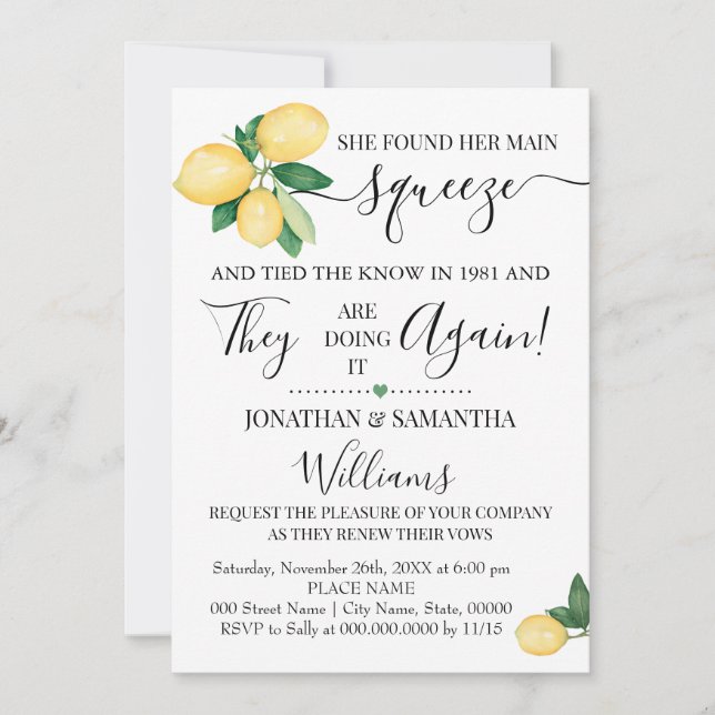 Lemons Vow Renewal Anniversary Wedding Invitation (Front)
