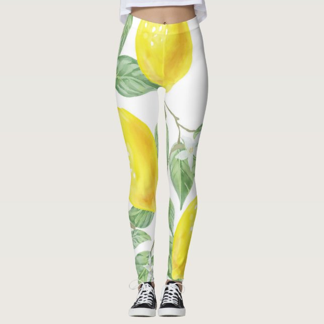 Lemons Watercolor Fruit Pattern Leggings (Front)