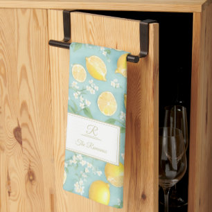 Lemons Watercolor Mint Custom Monogram Lemon Tea Towel