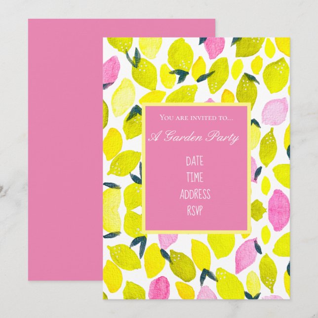 Lemons watercolor modern design garden party invitation (Front/Back)