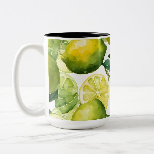 Lemons Watercolor Pattern Design Two-Tone Coffee Mug (Left)