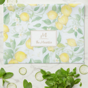 Lemons Watercolor Personalised Name Monogram Lemon Tea Towel
