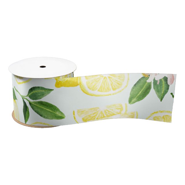 Lemons Watercolor Summer Fruit Pattern on Mint Satin Ribbon (Spool)