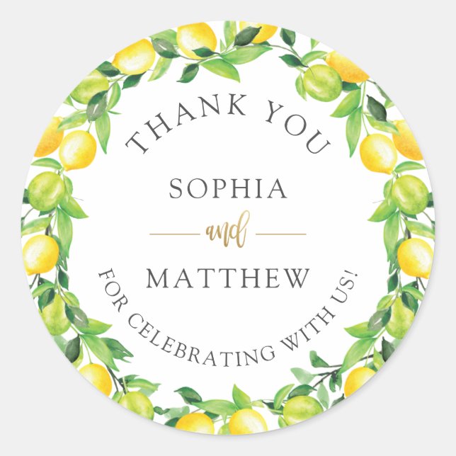 Lemons Wedding Bridal Shower Thank You Favor Classic Round Sticker (Front)