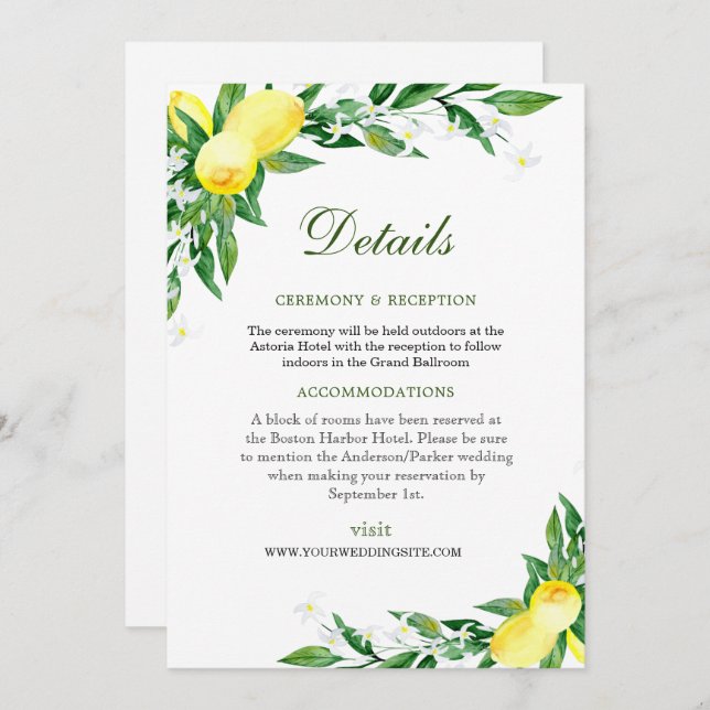 Lemons Wedding Reception Details Enclosure Card (Front/Back)