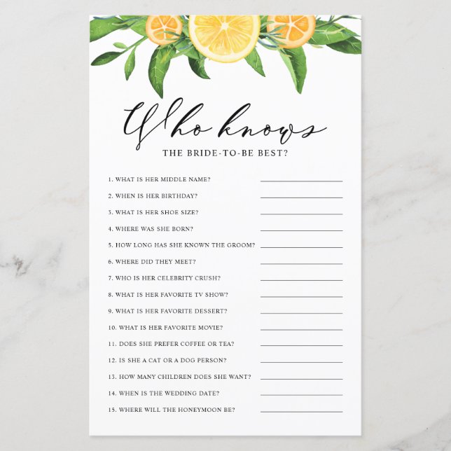 Lemons Who Knows Bride the Best Shower Game (Front)