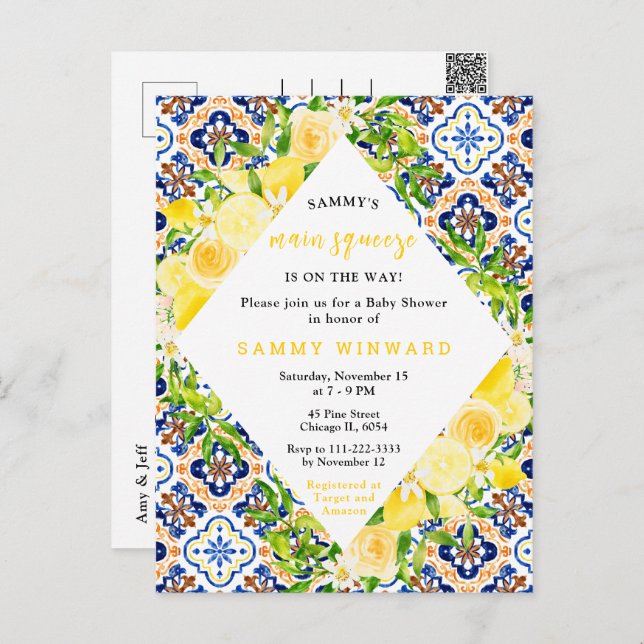 Lemons with Foliage Mediterranean Baby Shower Postcard (Front/Back)