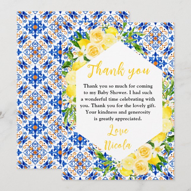 Lemons with Foliage Mediterranean Baby Shower Thank You Card (Front/Back)