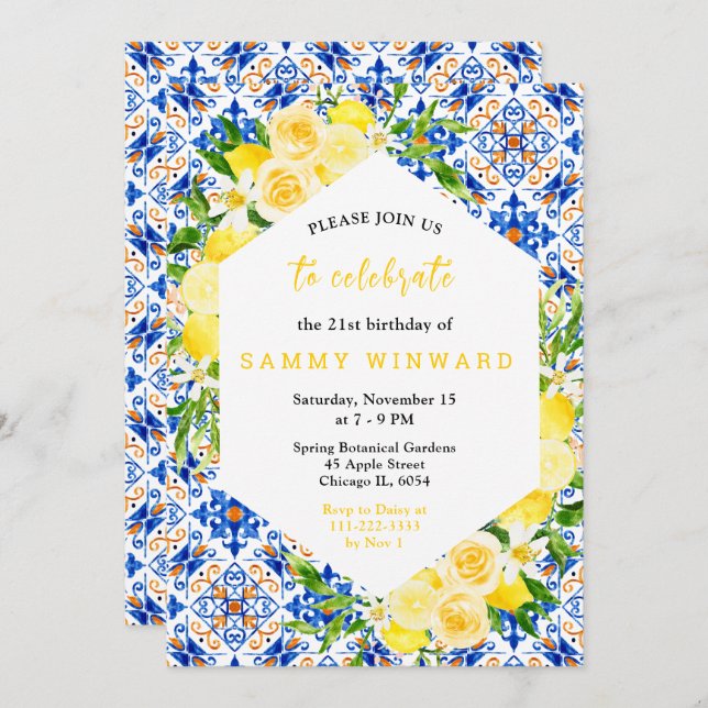 Lemons with Foliage Mediterranean Birthday Invitation (Front/Back)