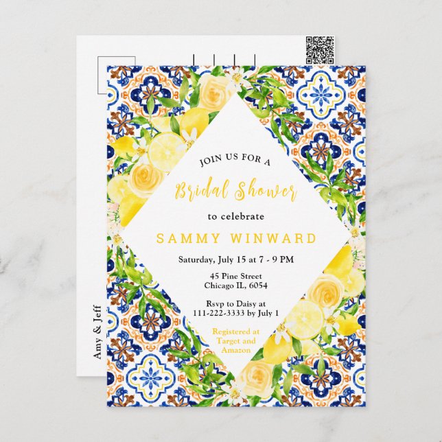 Lemons with Foliage Mediterranean Bridal Shower Postcard (Front/Back)