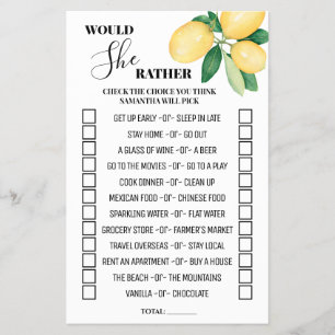 Lemons Would She Rather Bridal Shower Game Card