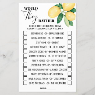 Lemons Would They Rather Bridal Shower Game Card