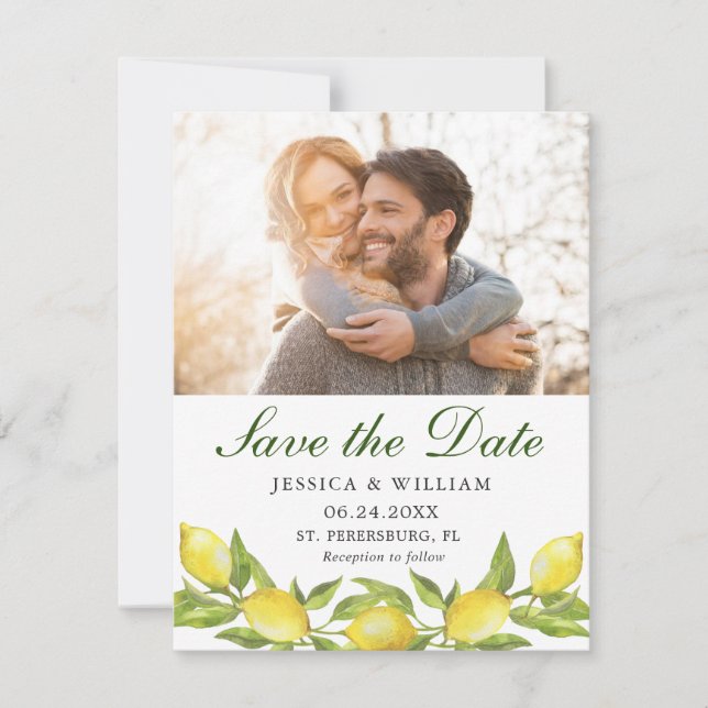 Lemons Wreath Photo Wedding Save the Date Card (Front)