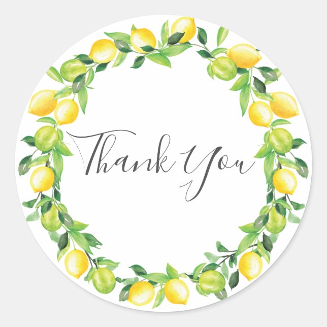 Lemons Wreath Wedding Bridal Shower Thank You Classic Round Sticker (Front)