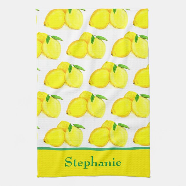 Lemons Yellow Fruit Pattern Watercolor Citrus Tea Towel (Vertical)