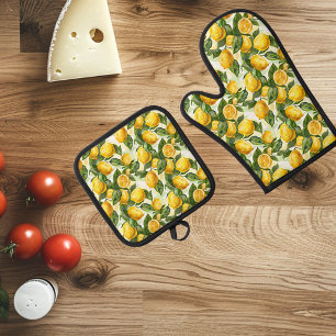 Lemons Yellow Kitchen Chef Cook Gift Oven Mitt & Pot Holder Set
