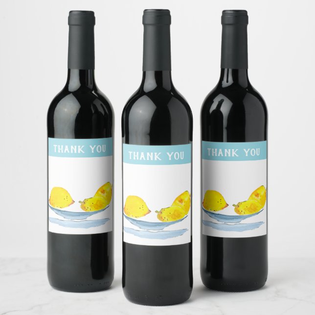 Lemons yellow watercolor art wine label (Bottles)