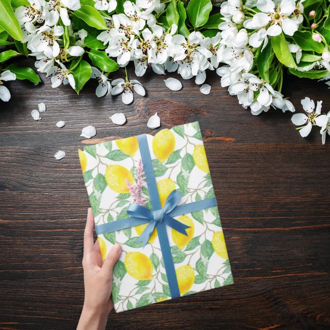 Lemons yellow white green summer pattern wrapping paper (Creator Uploaded)