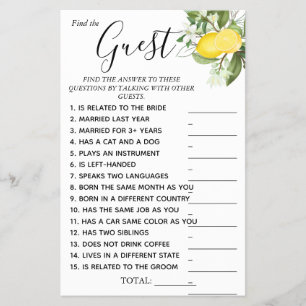 Lemony Find the Guest Bridal shower game card