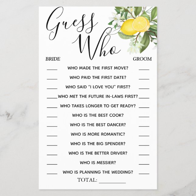 Lemony Guess Who Bridal shower game card (Front)