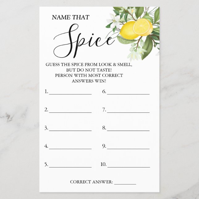 Lemony Name that Spice Bridal shower game card (Front)