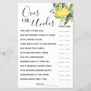 Lemony Over or Under Bridal shower game card