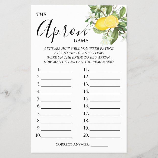 Lemony The Apron Bridal shower game card (Front)