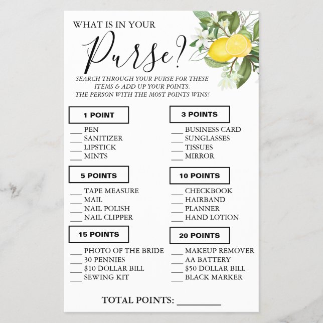 Lemony What is in your purse Shower game card (Front)