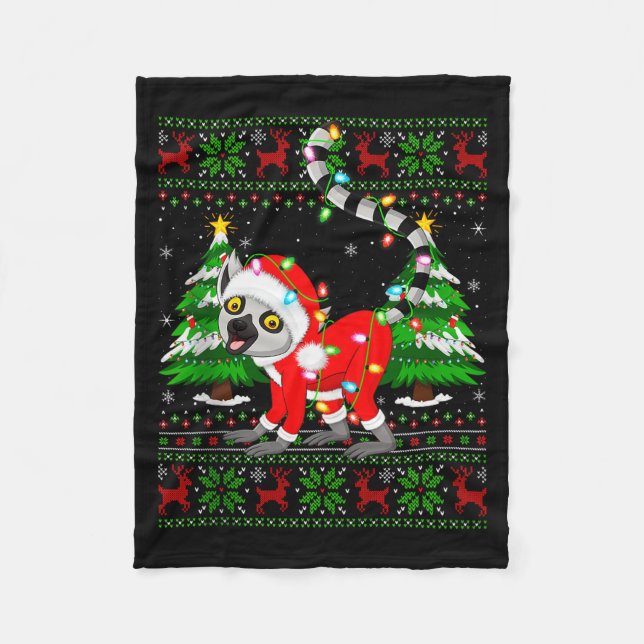 Lemur Christmas Lights Santa Costume Ugly Xmas Swe Fleece Blanket (Front)