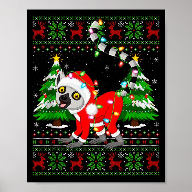 Lemur Christmas Lights Santa Costume Ugly Xmas Swe Poster (Front)