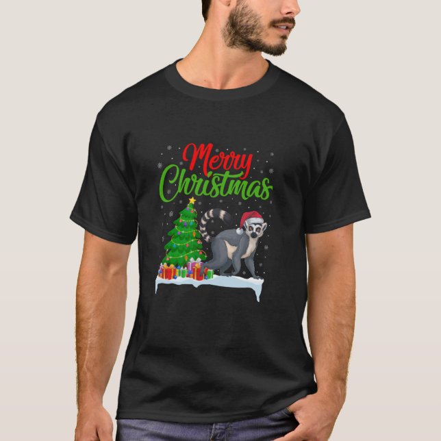 Lemur Christmas Tree Lights Funny Xmas Lemur Lover T-Shirt (Front)