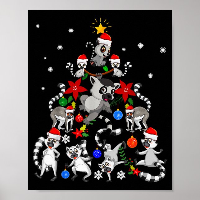 Lemur Christmas Tree Santa Hat Xmas Holiday Costum Poster (Front)