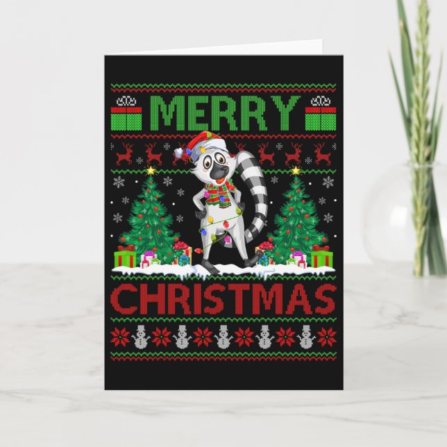 Lemur Lover Xmas Tree Lights Ugly Santa Lemur Chri Card (Front)