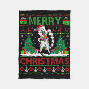 Lemur Lover Xmas Tree Lights Ugly Santa Lemur Chri Fleece Blanket