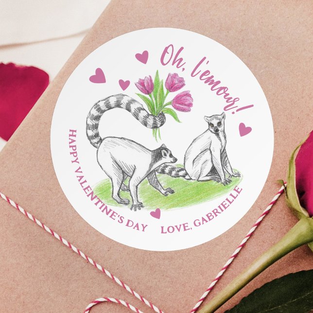 Lemur with Tulips Romantic Love Funny French Pun Classic Round Sticker (Creator Uploaded)