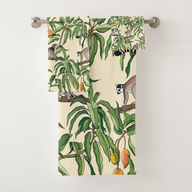 lemurs and branches mango seamless pattern   bath towel set (Insitu)