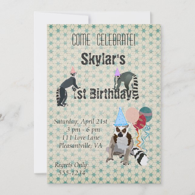 Lemurs Birthday Vintage Invitation (Front)