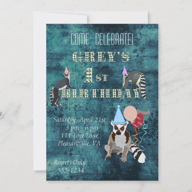 Lemurs Navy Birthday Invitation (Front)