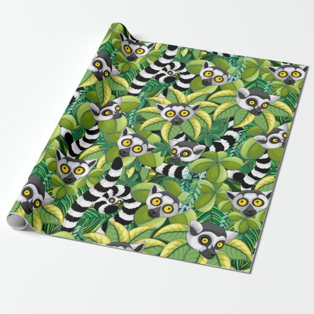 Lemurs of Madagascar in Exotic Jungle Wrapping Paper (Unrolled)