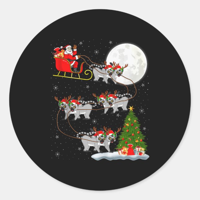 Lemurs Santa Sleigh Flying Funny Magical Christmas Classic Round Sticker (Front)