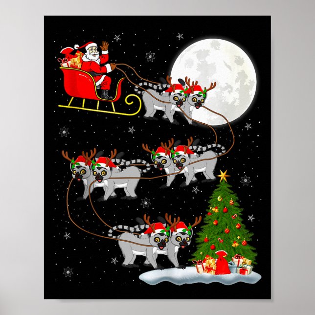 Lemurs Santa Sleigh Flying Funny Magical Christmas Poster (Front)