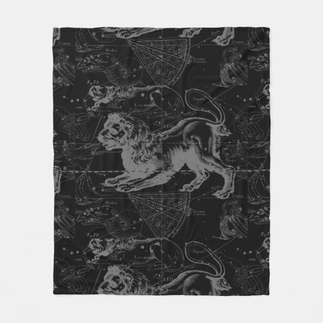 Leo Constellation Hevelius 1690 on Black Fleece Blanket (Front)