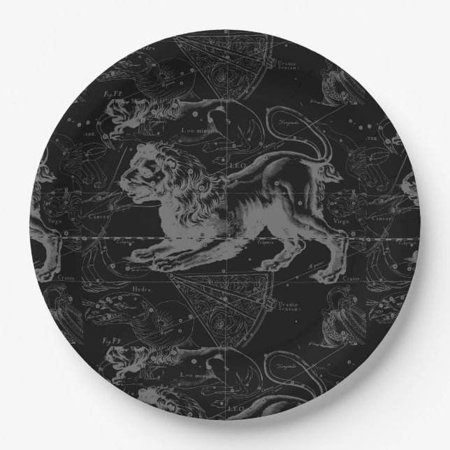 Leo Constellation Hevelius 1690 on Black Paper Plate (Front)