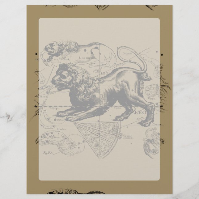 Leo Constellation Map Hevelius 1690 on Taupe (Front)