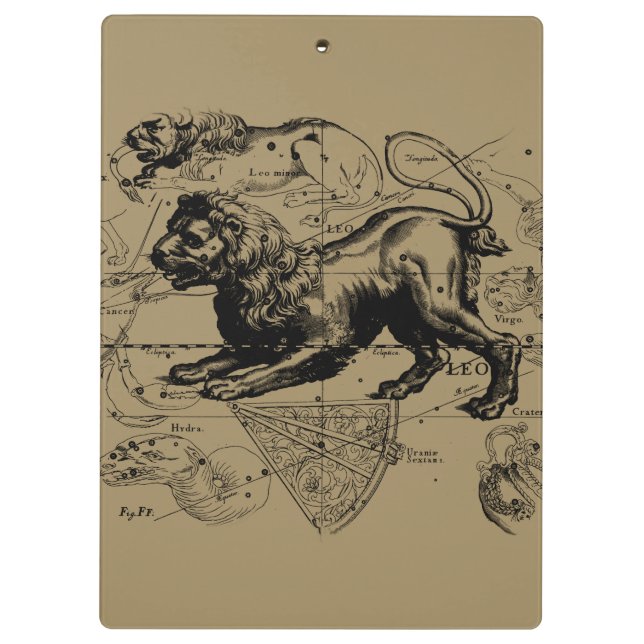 Leo Constellation Map Hevelius 1690 on Taupe Clipboard (Back)