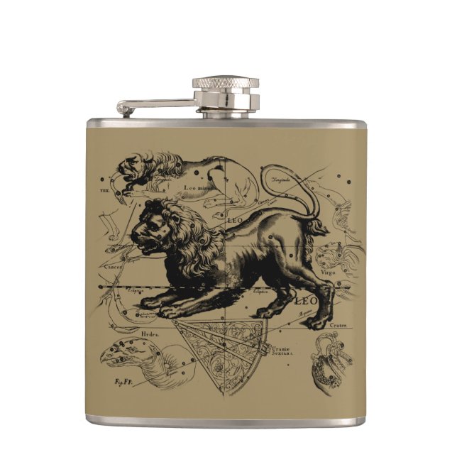 Leo Constellation Map Hevelius 1690 on Taupe Hip Flask (Front)