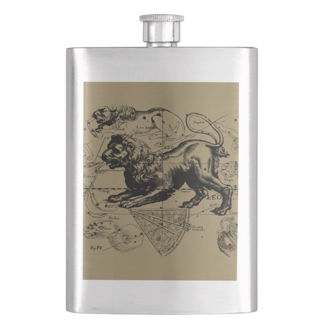 Leo Constellation Map Hevelius 1690 on Taupe Hip Flask (Front)