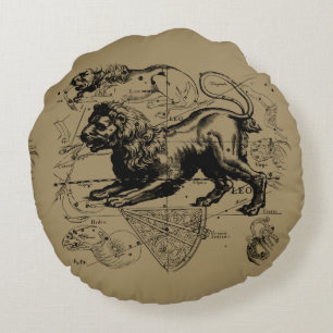 Leo Constellation Map Hevelius 1690 on Taupe Round Cushion