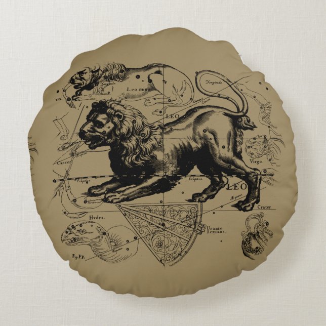 Leo Constellation Map Hevelius 1690 on Taupe Round Cushion (Back)