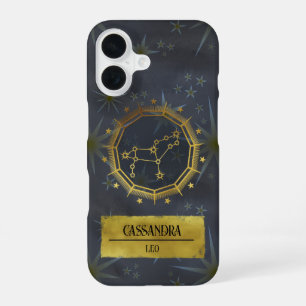 Leo Dark Zodiac Astrology: Black & Gold iPhone 16 Case